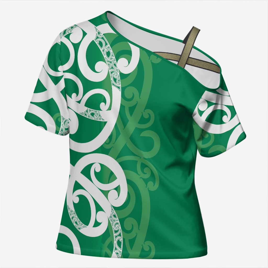 Pounamu Green Maori Cross Shoulder Shirt Koru Kowhaiwhai LT7 Female Green - Polynesian Pride