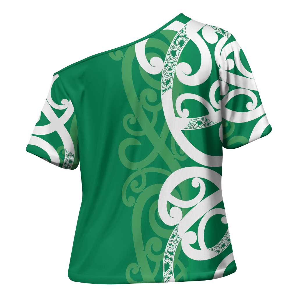 Pounamu Green Maori Cross Shoulder Shirt Koru Kowhaiwhai LT7 - Polynesian Pride