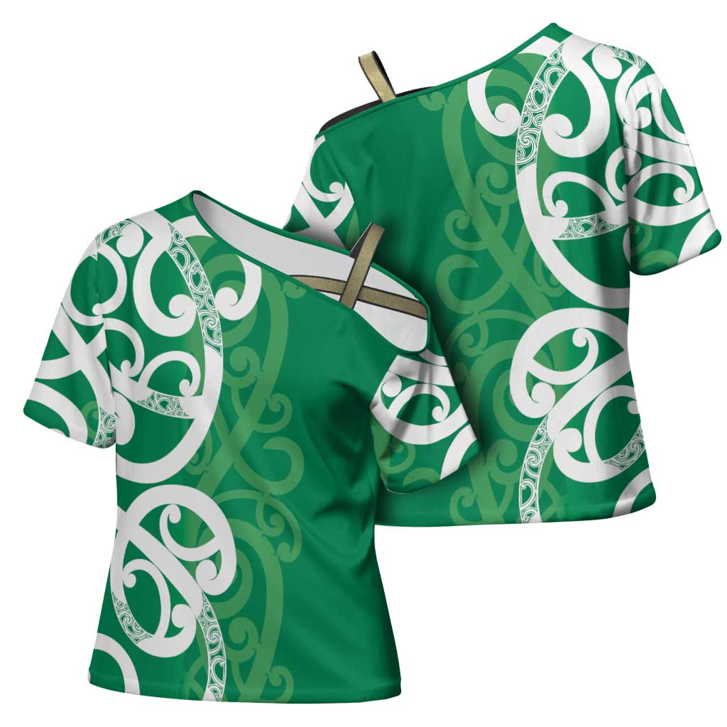 Pounamu Green Maori Cross Shoulder Shirt Koru Kowhaiwhai LT7 - Polynesian Pride