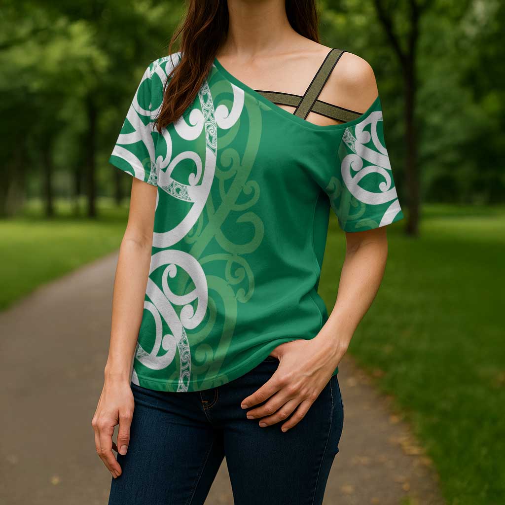 Pounamu Green Maori Cross Shoulder Shirt Koru Kowhaiwhai LT7 - Polynesian Pride