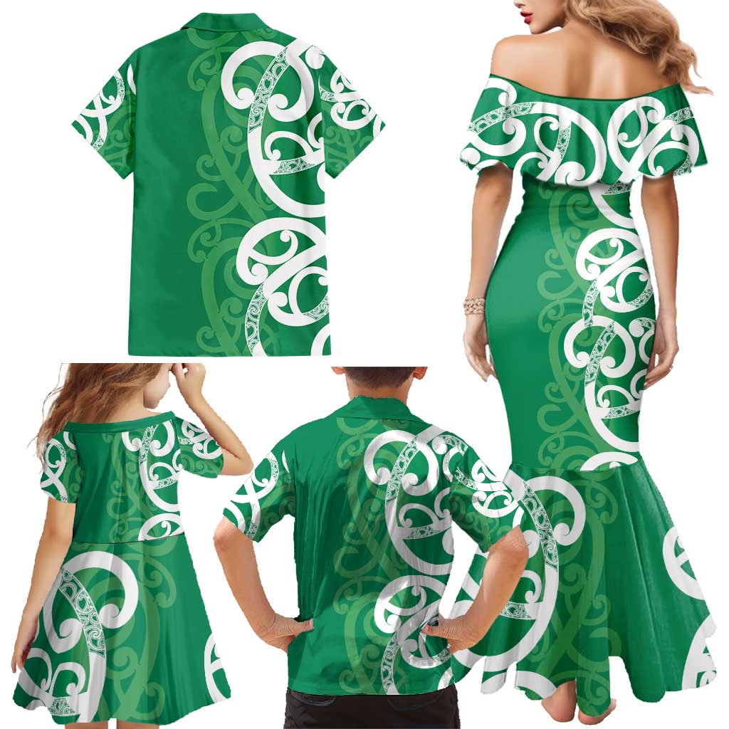 Pounamu Green Maori Family Matching Mermaid Dress and Hawaiian Shirt Koru Kowhaiwhai - Polynesian Pride