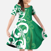 Pounamu Green Maori Kid Short Sleeve Dress Koru Kowhaiwhai - Polynesian Pride