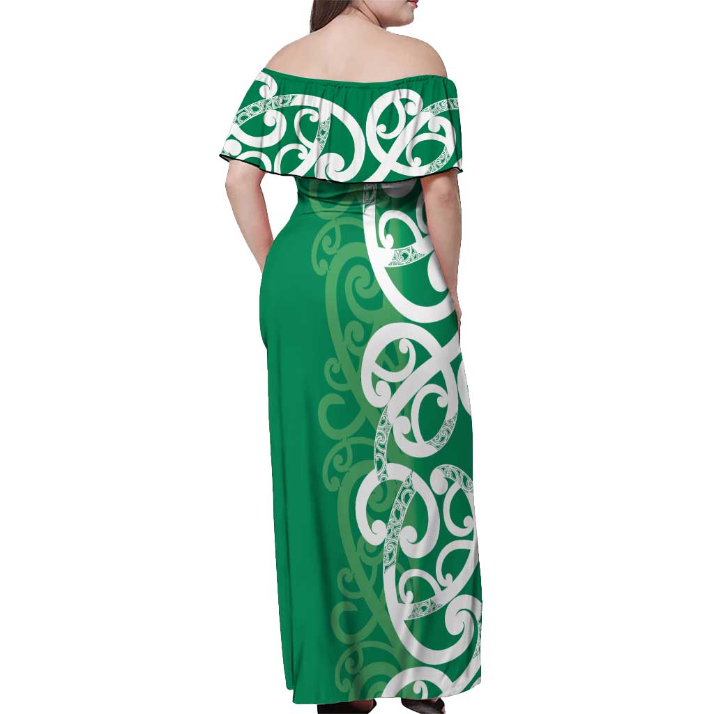 Pounamu Green Maori Off Shoulder Maxi Dress Koru Kowhaiwhai - Polynesian Pride