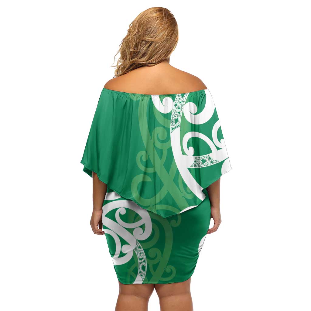 Pounamu Green Maori Off Shoulder Short Dress Koru Kowhaiwhai - Polynesian Pride