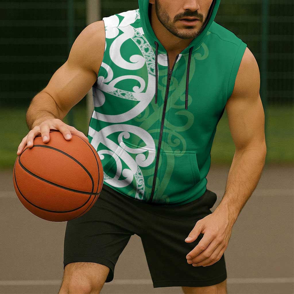 Pounamu Green Maori Sleeveless Zip Hoodie Koru Kowhaiwhai - Polynesian Pride