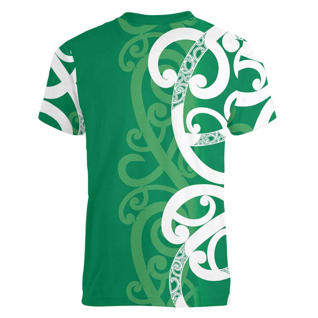 Pounamu Green Maori Women V-Neck T-Shirt Koru Kowhaiwhai - Polynesian Pride