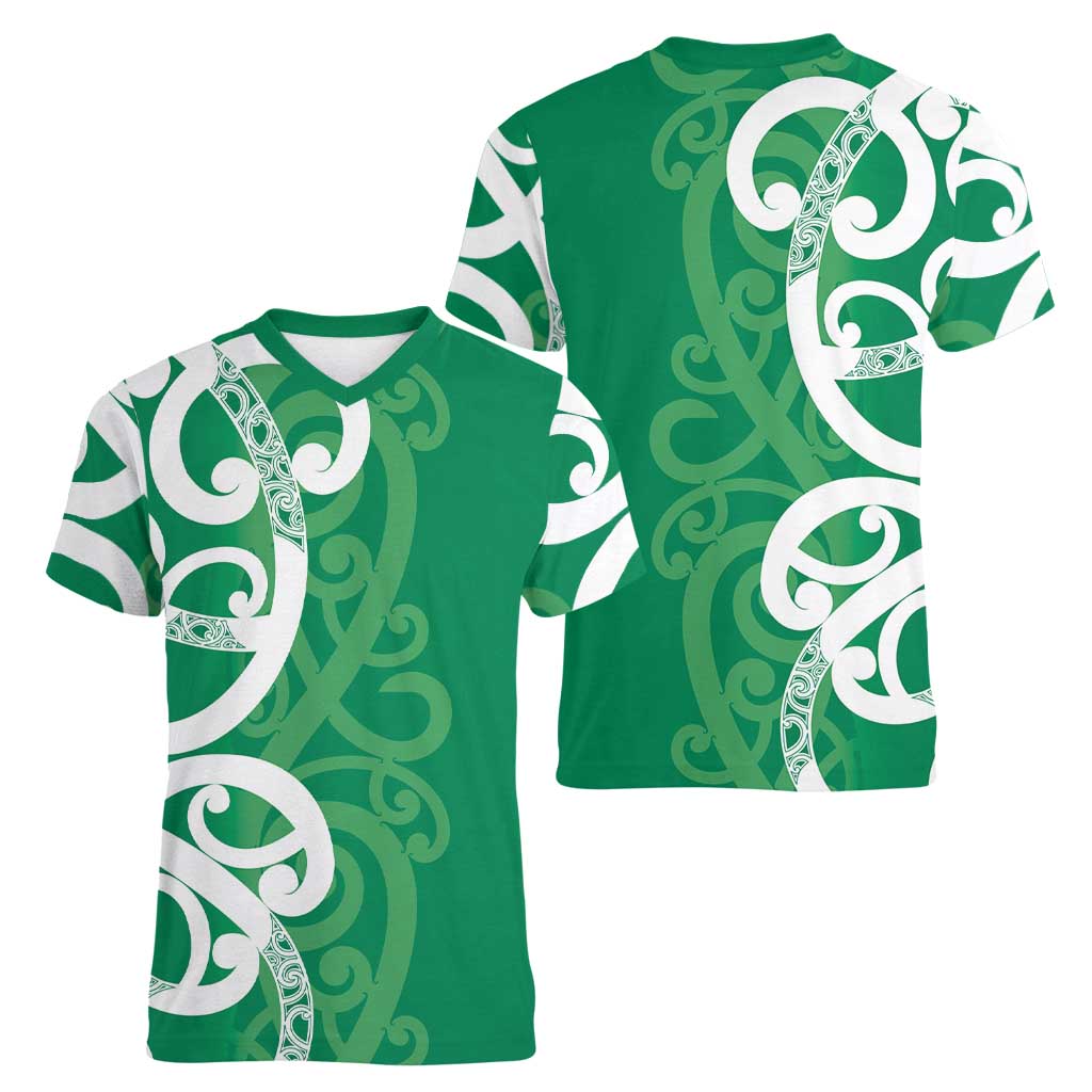 Pounamu Green Maori Women V-Neck T-Shirt Koru Kowhaiwhai - Polynesian Pride