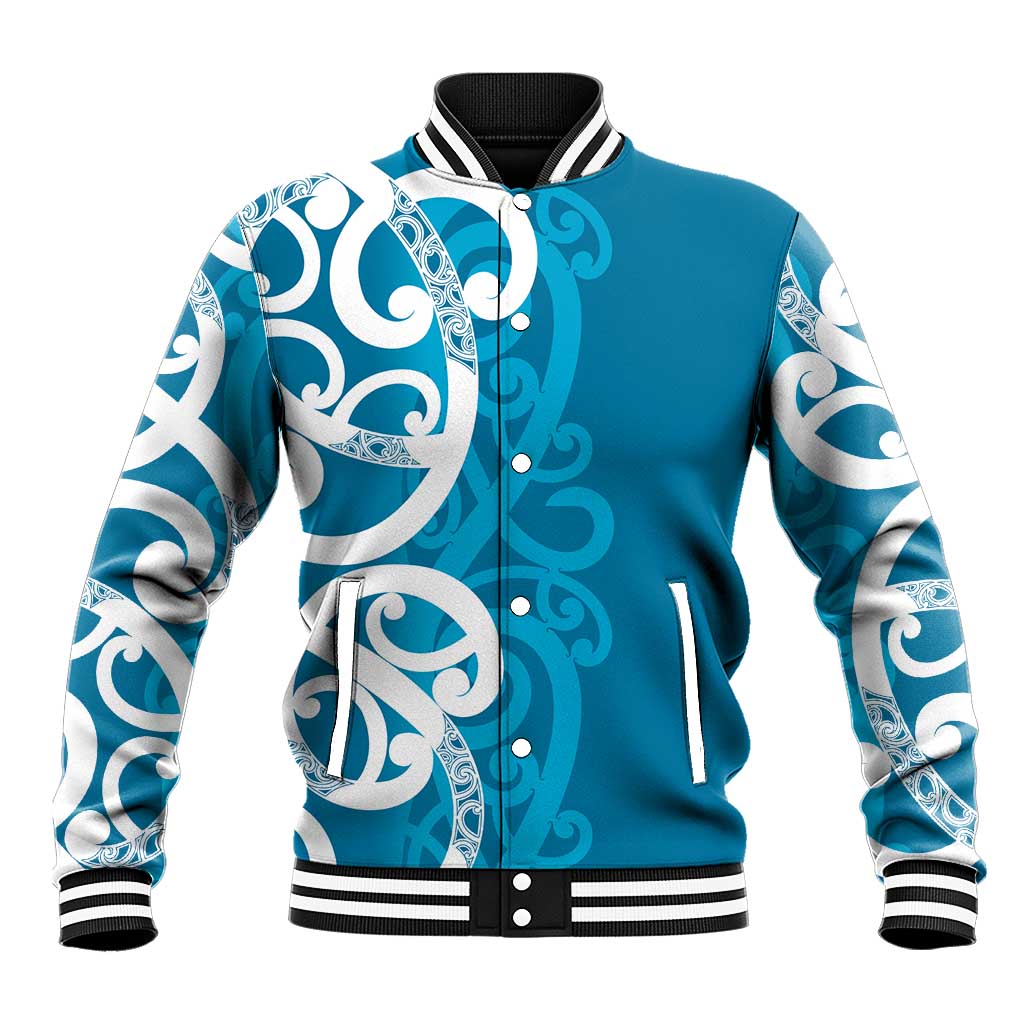 Azure Blue Maori Baseball Jacket Koru Kowhaiwhai - Polynesian Pride