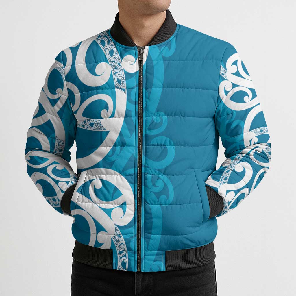 Azure Blue Maori Bomber Puffer Jacket Koru Kowhaiwhai - Polynesian Pride