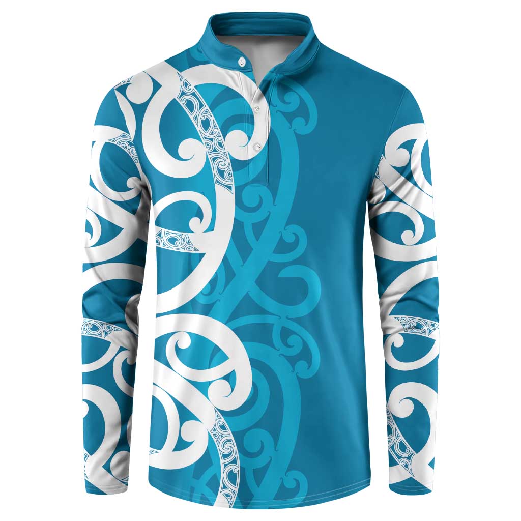Azure Blue Maori Button Sweatshirt Koru Kowhaiwhai - Polynesian Pride