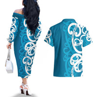 Azure Blue Maori Couples Matching Off The Shoulder Long Sleeve Dress and Hawaiian Shirt Koru Kowhaiwhai - Polynesian Pride