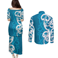 Azure Blue Maori Couples Matching Puletasi and Long Sleeve Button Shirt Koru Kowhaiwhai - Polynesian Pride