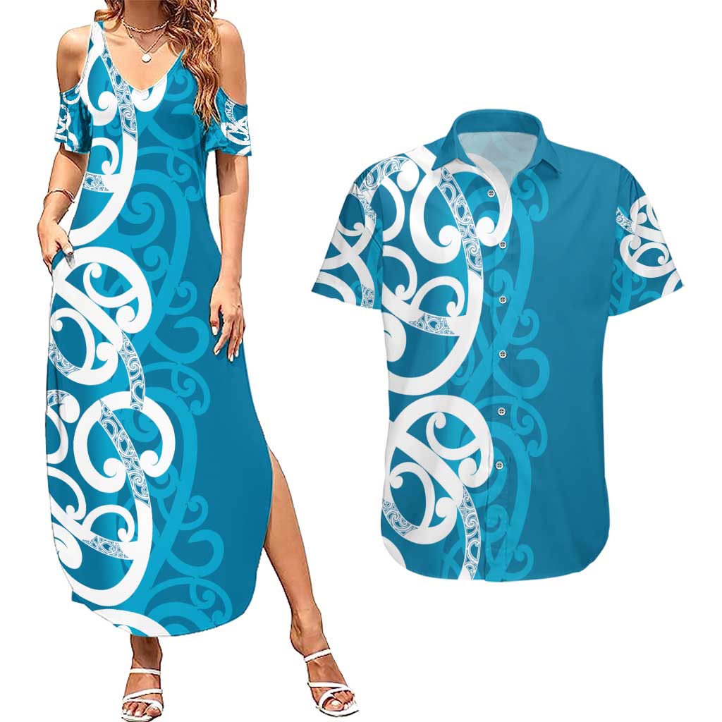 Azure Blue Maori Couples Matching Summer Maxi Dress and Hawaiian Shirt Koru Kowhaiwhai - Polynesian Pride