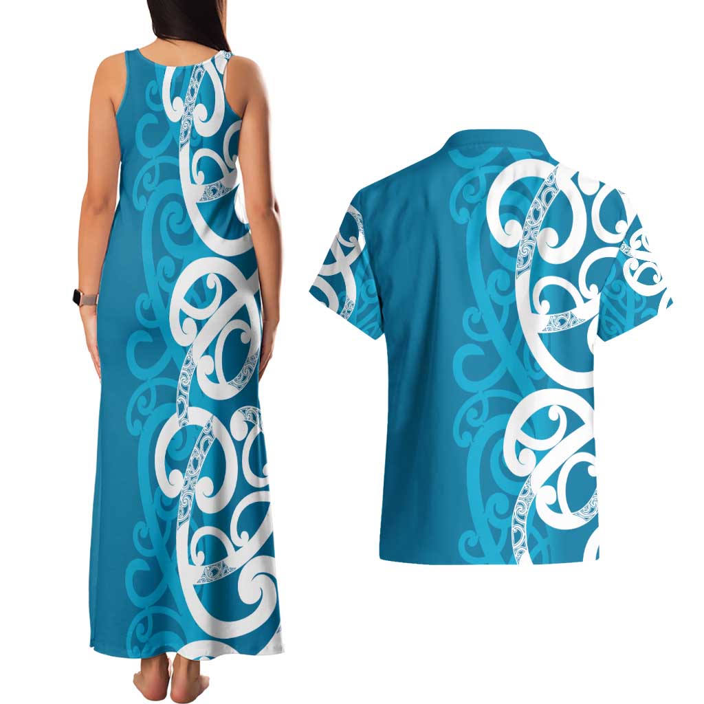 Azure Blue Maori Couples Matching Tank Maxi Dress and Hawaiian Shirt Koru Kowhaiwhai - Polynesian Pride