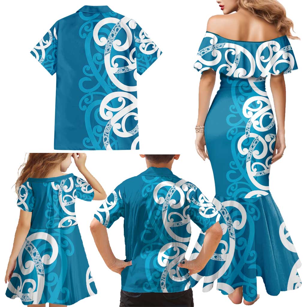 Azure Blue Maori Family Matching Mermaid Dress and Hawaiian Shirt Koru Kowhaiwhai - Polynesian Pride