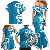 Azure Blue Maori Family Matching Mermaid Dress and Hawaiian Shirt Koru Kowhaiwhai - Polynesian Pride