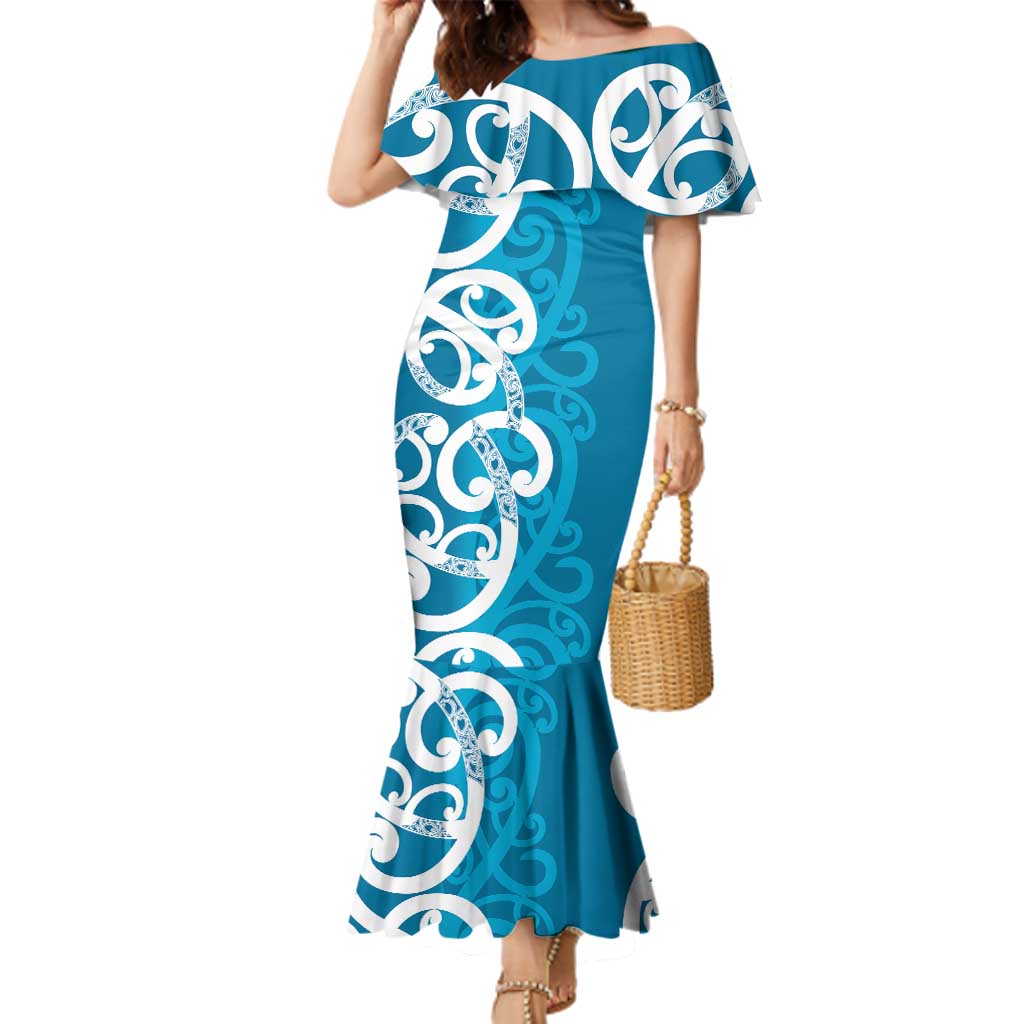 Azure Blue Maori Family Matching Mermaid Dress and Hawaiian Shirt Koru Kowhaiwhai - Polynesian Pride