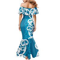 Azure Blue Maori Family Matching Mermaid Dress and Hawaiian Shirt Koru Kowhaiwhai - Polynesian Pride