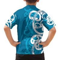 Azure Blue Maori Family Matching Off The Shoulder Long Sleeve Dress and Hawaiian Shirt Koru Kowhaiwhai - Polynesian Pride