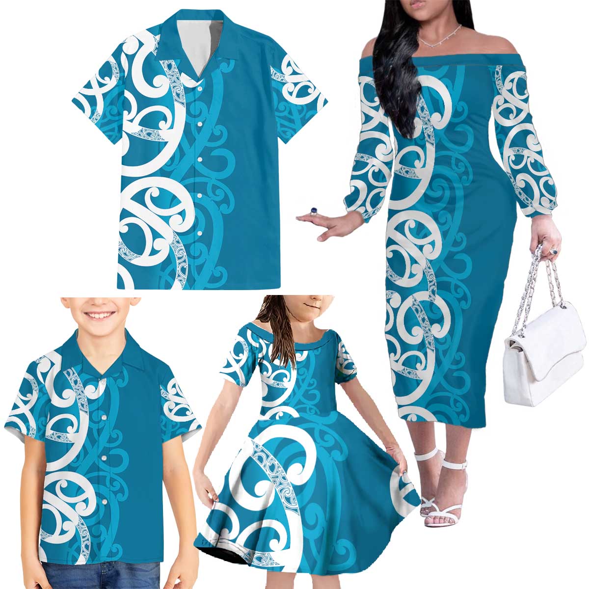 Azure Blue Maori Family Matching Off The Shoulder Long Sleeve Dress and Hawaiian Shirt Koru Kowhaiwhai - Polynesian Pride