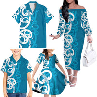 Azure Blue Maori Family Matching Off The Shoulder Long Sleeve Dress and Hawaiian Shirt Koru Kowhaiwhai - Polynesian Pride