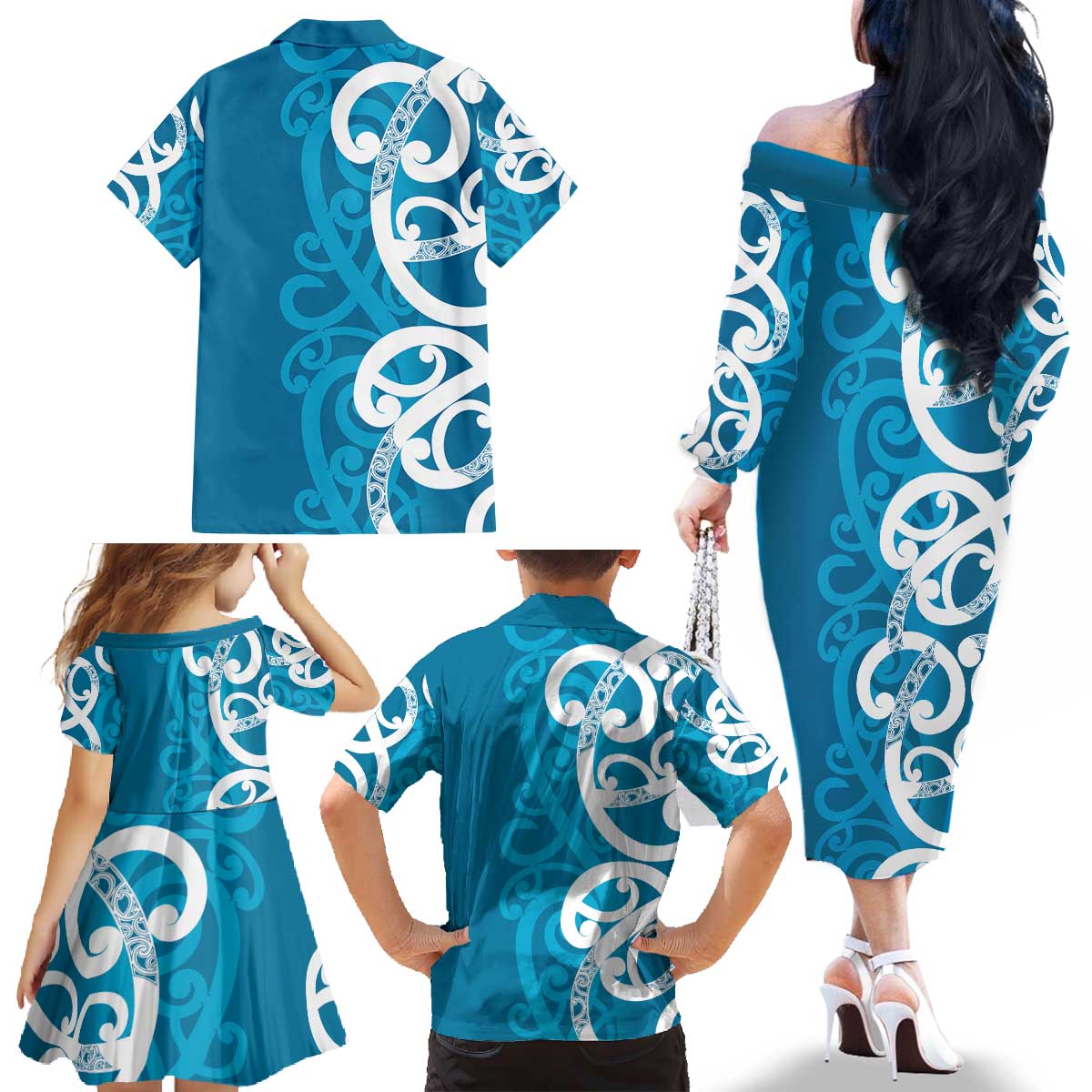 Azure Blue Maori Family Matching Off The Shoulder Long Sleeve Dress and Hawaiian Shirt Koru Kowhaiwhai - Polynesian Pride