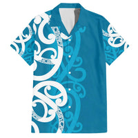 Azure Blue Maori Family Matching Off The Shoulder Long Sleeve Dress and Hawaiian Shirt Koru Kowhaiwhai - Polynesian Pride