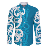 Azure Blue Maori Family Matching Off The Shoulder Long Sleeve Dress and Hawaiian Shirt Koru Kowhaiwhai - Polynesian Pride