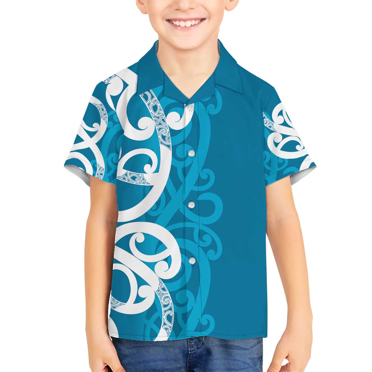 Azure Blue Maori Family Matching Off The Shoulder Long Sleeve Dress and Hawaiian Shirt Koru Kowhaiwhai - Polynesian Pride