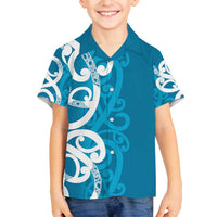 Azure Blue Maori Family Matching Off The Shoulder Long Sleeve Dress and Hawaiian Shirt Koru Kowhaiwhai - Polynesian Pride