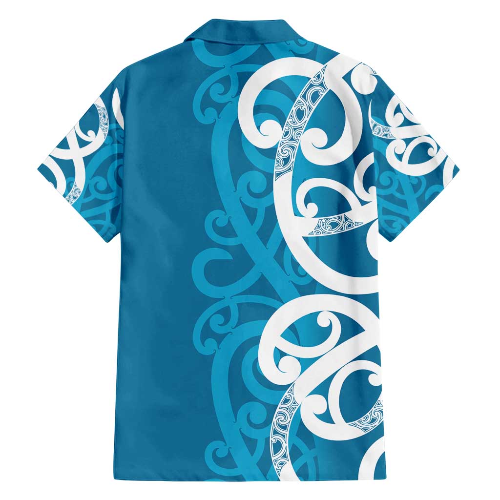 Azure Blue Maori Family Matching Off Shoulder Maxi Dress and Hawaiian Shirt Koru Kowhaiwhai - Polynesian Pride