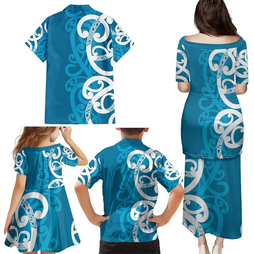 Azure Blue Maori Family Matching Puletasi and Hawaiian Shirt Koru Kowhaiwhai - Polynesian Pride