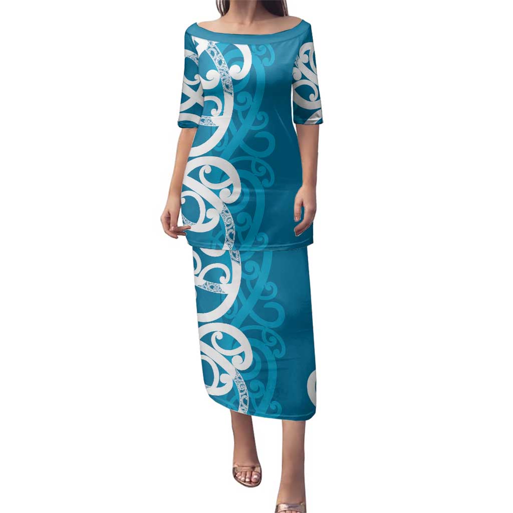 Azure Blue Maori Family Matching Puletasi and Hawaiian Shirt Koru Kowhaiwhai - Polynesian Pride
