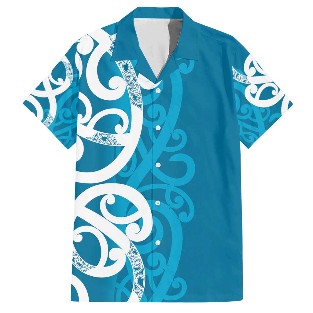 Azure Blue Maori Family Matching Summer Maxi Dress and Hawaiian Shirt Koru Kowhaiwhai - Polynesian Pride