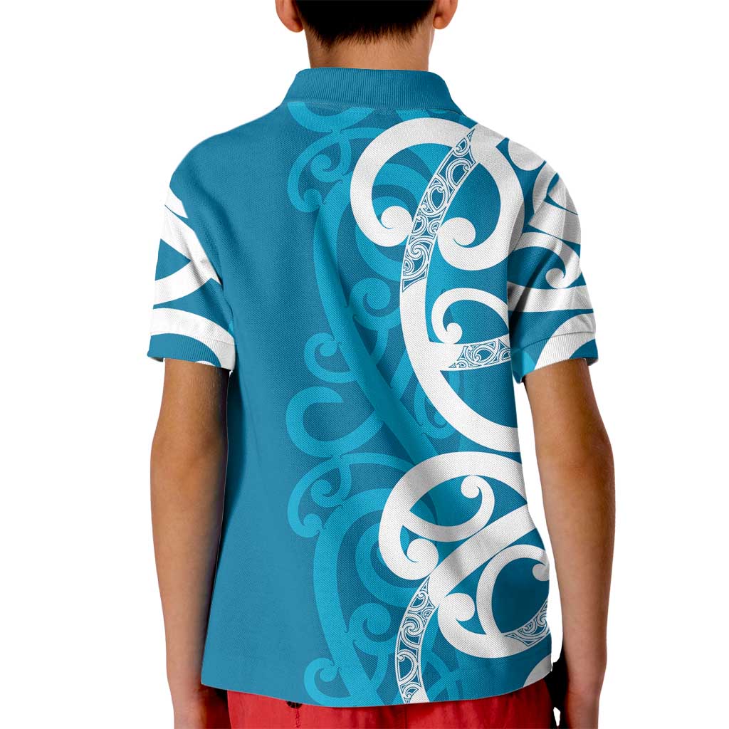 Azure Blue Maori Kid Polo Shirt Koru Kowhaiwhai - Polynesian Pride