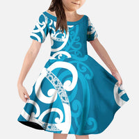 Azure Blue Maori Kid Short Sleeve Dress Koru Kowhaiwhai LT7 KID Blue - Polynesian Pride