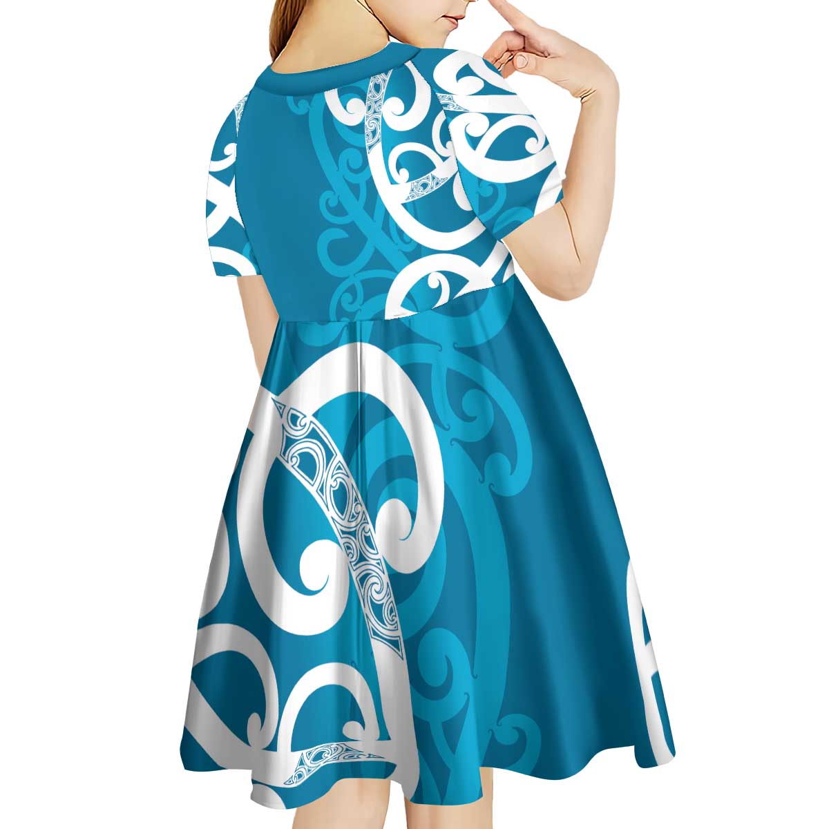 Azure Blue Maori Kid Short Sleeve Dress Koru Kowhaiwhai LT7 - Polynesian Pride