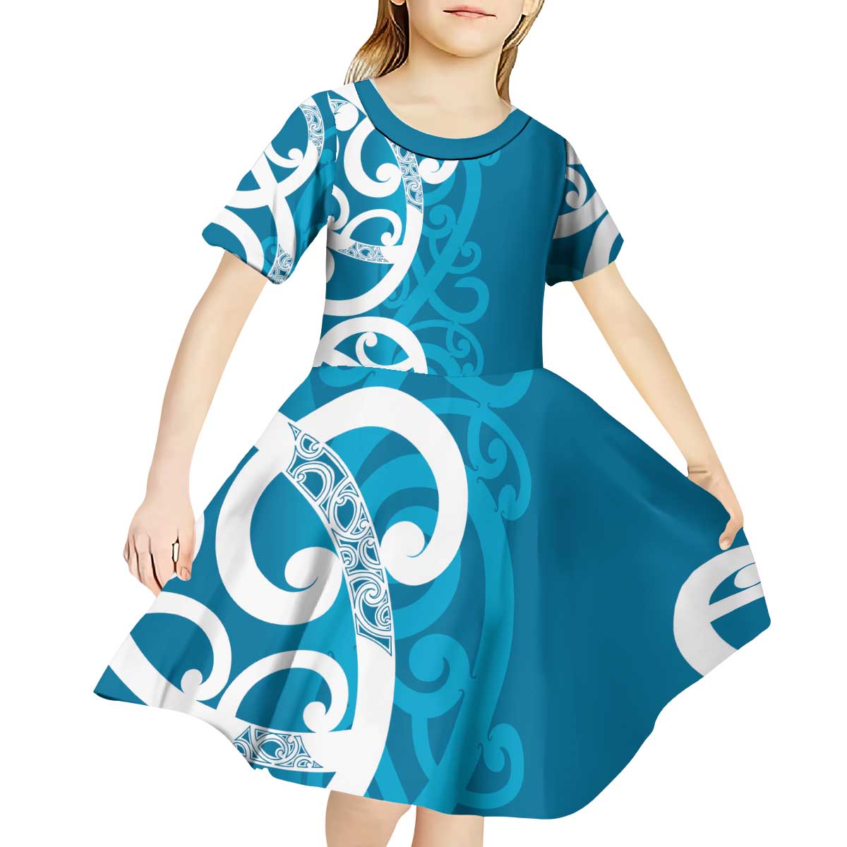 Azure Blue Maori Kid Short Sleeve Dress Koru Kowhaiwhai LT7 - Polynesian Pride