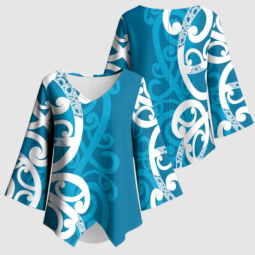 Azure Blue Maori Kimono Sleeve Blouse Koru Kowhaiwhai - Polynesian Pride
