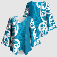 Azure Blue Maori Kimono Sleeve Blouse Koru Kowhaiwhai - Polynesian Pride