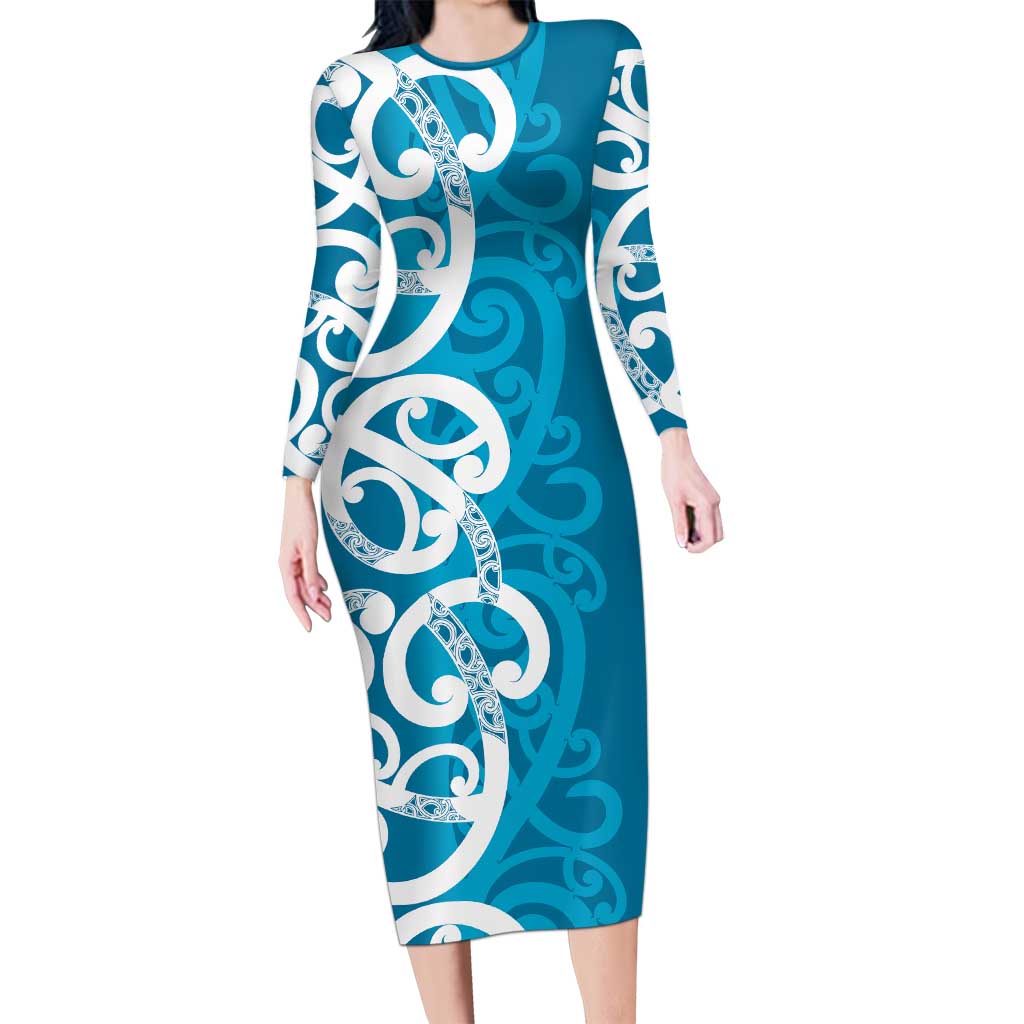 Azure Blue Maori Long Sleeve Bodycon Dress Koru Kowhaiwhai - Polynesian Pride