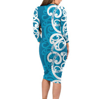 Azure Blue Maori Long Sleeve Bodycon Dress Koru Kowhaiwhai - Polynesian Pride