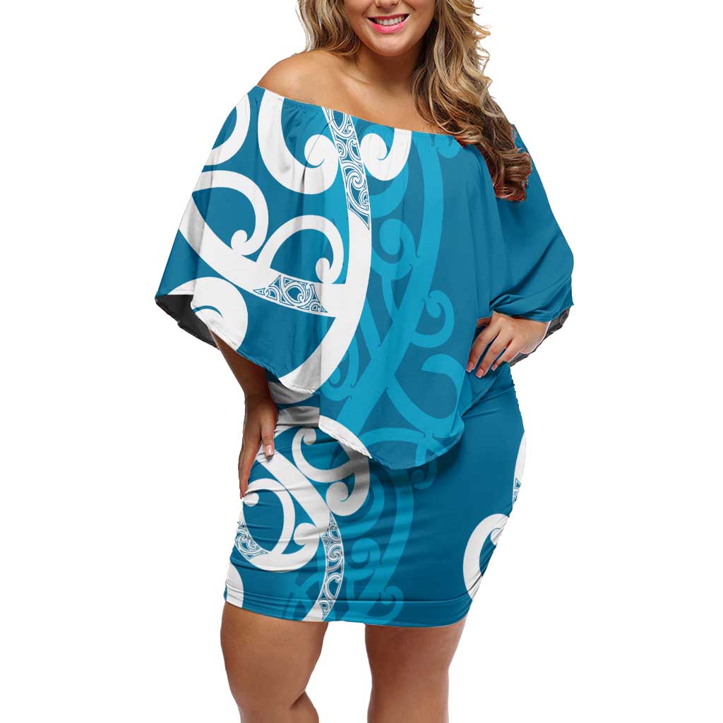 Azure Blue Maori Off Shoulder Short Dress Koru Kowhaiwhai - Polynesian Pride