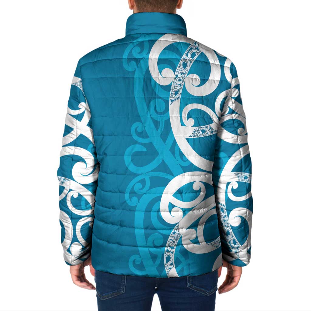 Azure Blue Maori Padded Jacket Koru Kowhaiwhai - Polynesian Pride