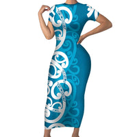 Azure Blue Maori Short Sleeve Bodycon Dress Koru Kowhaiwhai - Polynesian Pride