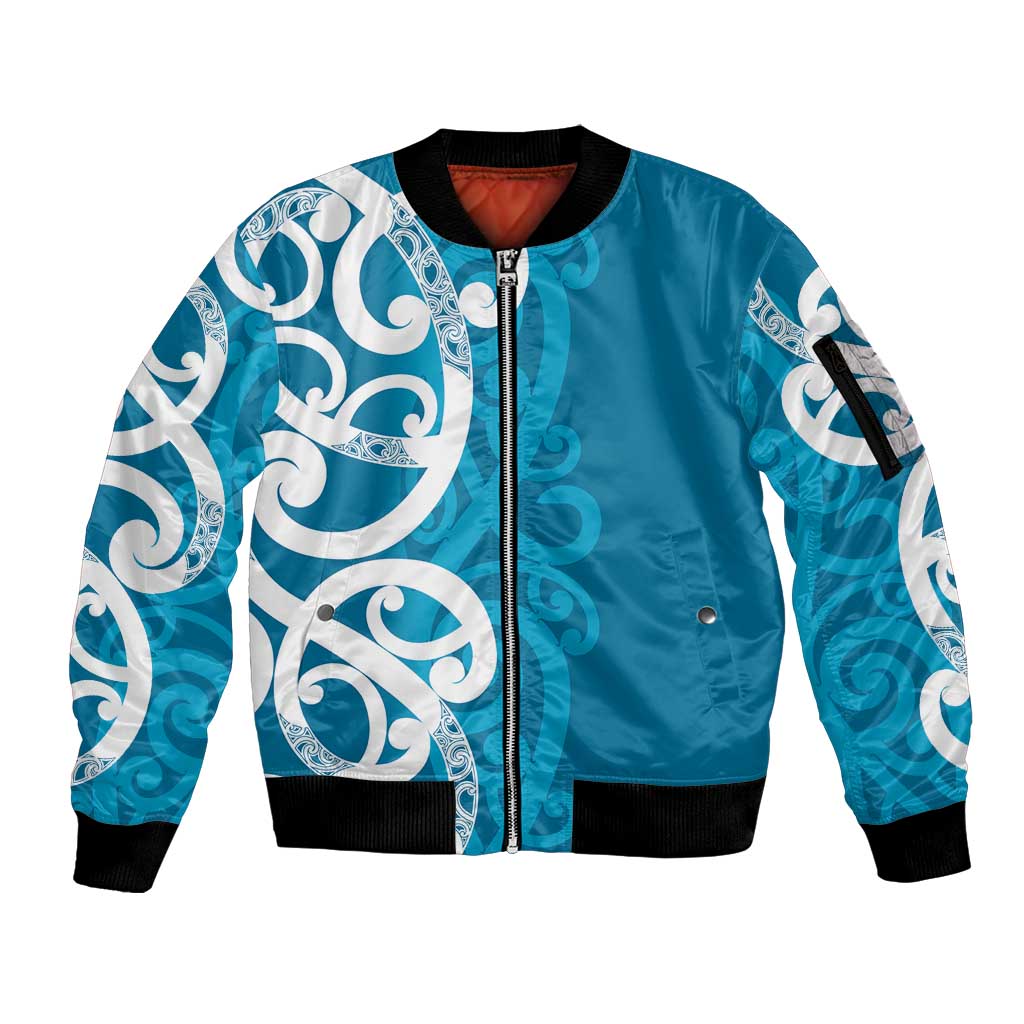 Azure Blue Maori Sleeve Zip Bomber Jacket Koru Kowhaiwhai - Polynesian Pride