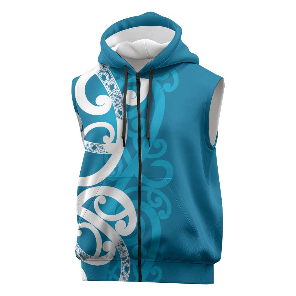 Azure Blue Maori Sleeveless Zip Hoodie Koru Kowhaiwhai - Polynesian Pride