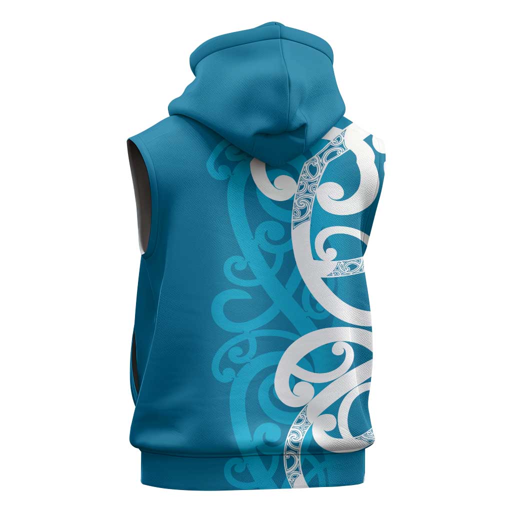 Azure Blue Maori Sleeveless Zip Hoodie Koru Kowhaiwhai - Polynesian Pride