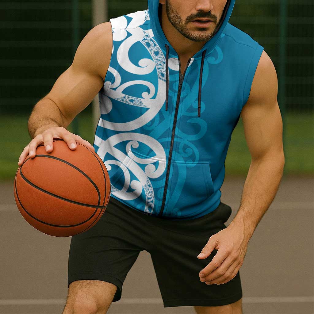 Azure Blue Maori Sleeveless Zip Hoodie Koru Kowhaiwhai - Polynesian Pride