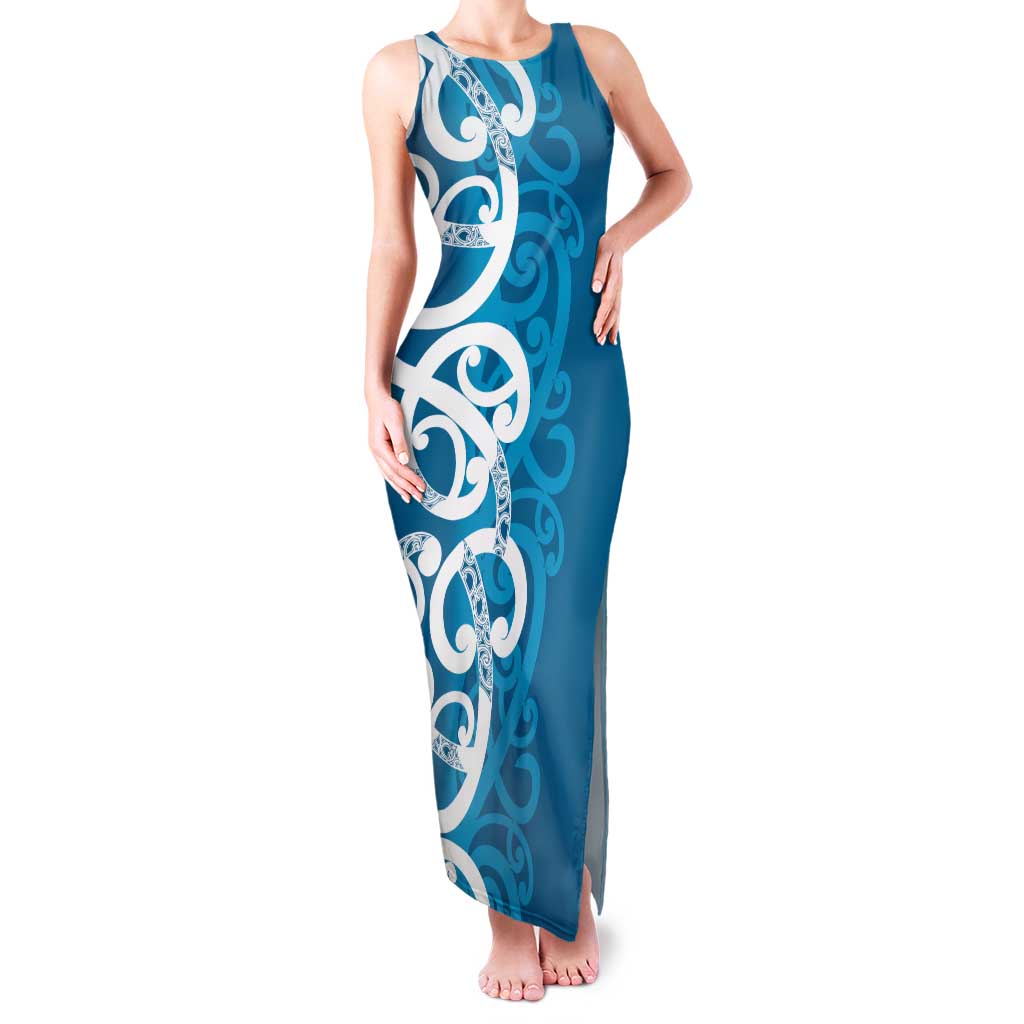 Azure Blue Maori Tank Maxi Dress Koru Kowhaiwhai - Polynesian Pride